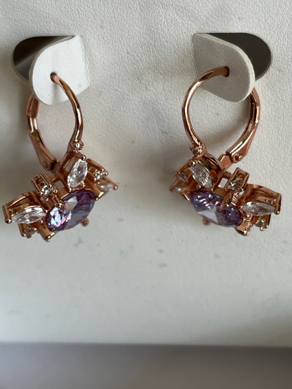 Rose Gold plated Floral Earrings with Lavender CZ Crystal Center - Picture 7 of 10